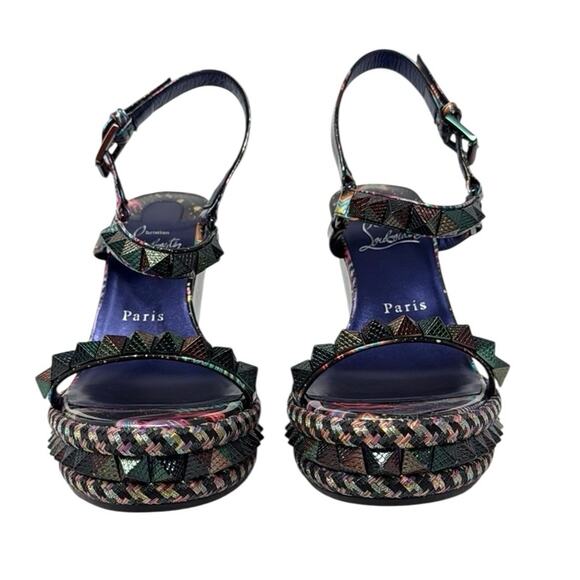 Christian Louboutin Sandals Pyraclou Studded Patent Leather Platform Wedges 38 - Picture 2 of 7